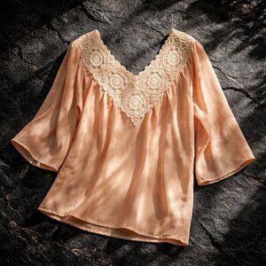 "Peach Boho Blouse Crochet Lace V-Neck 3/4 Sleeve Polyester Size S Cottagecore"